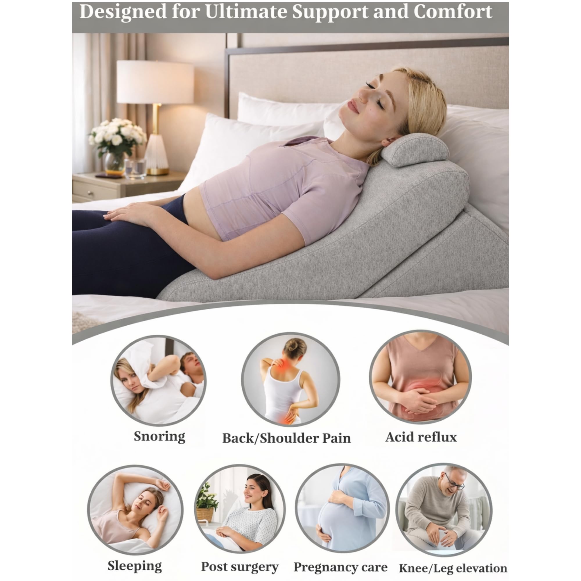 Coussin de Lecture - Oreiller Dossier, Appui-tête Réglable, Mousse Mémoire de Forme, Housse Amovible Respirante & Antidérapante, Poignée - Triangulaire pour Dos, Cou & Jambes - 60x50x30cm