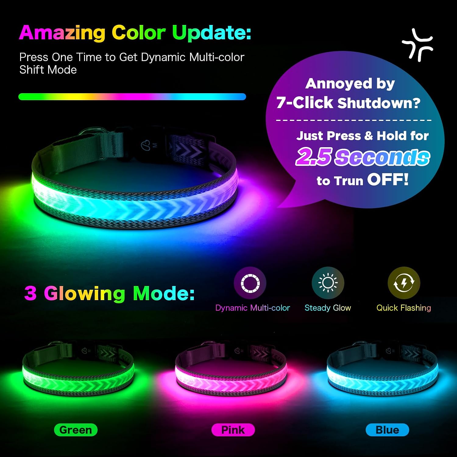 Light up Dog Collar, Multicolor LED Dog Collar Type-C Rechargeable, High Visibility Rainbow Gradient Glow & 7 Light Modes, Adjustable Waterproof Dog Safety Collar for Night Walking (Large) image 2