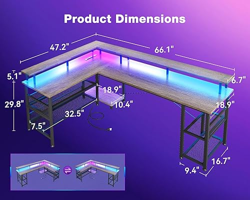 Miniatura 37 de ODK Escritorio para juegos en forma de L de 66 pulgadas con toma de corriente y luces LED, mesa de juegos de PC con textura de fibra de carbono,