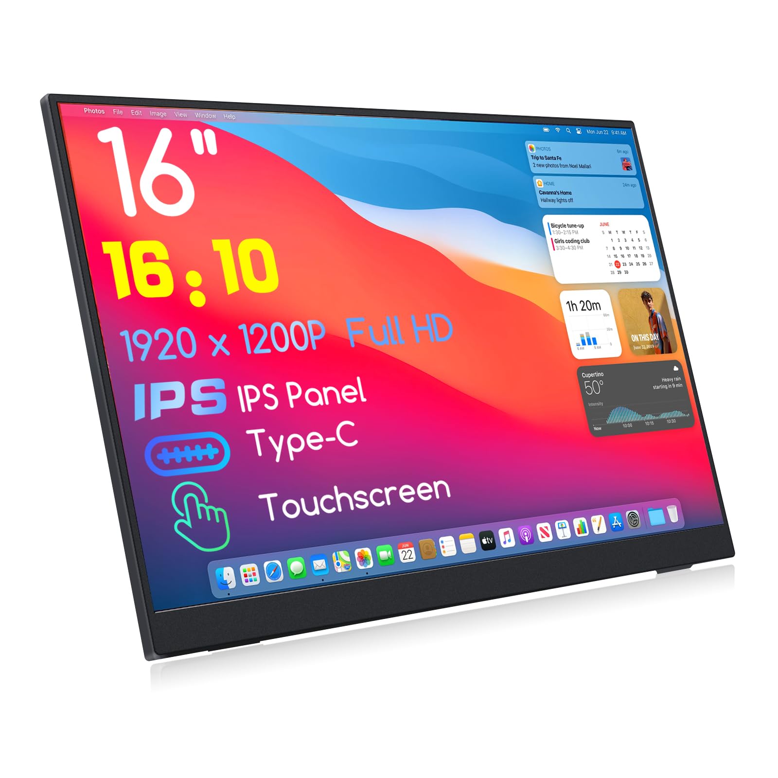 Touchscreen Portable Monitor 16 Inch FHD 1920x1200P Monitor USB C HDMI Monitor HDR IPS Display for PC Computer PS4 PS5 Xbox Built-in Speakers