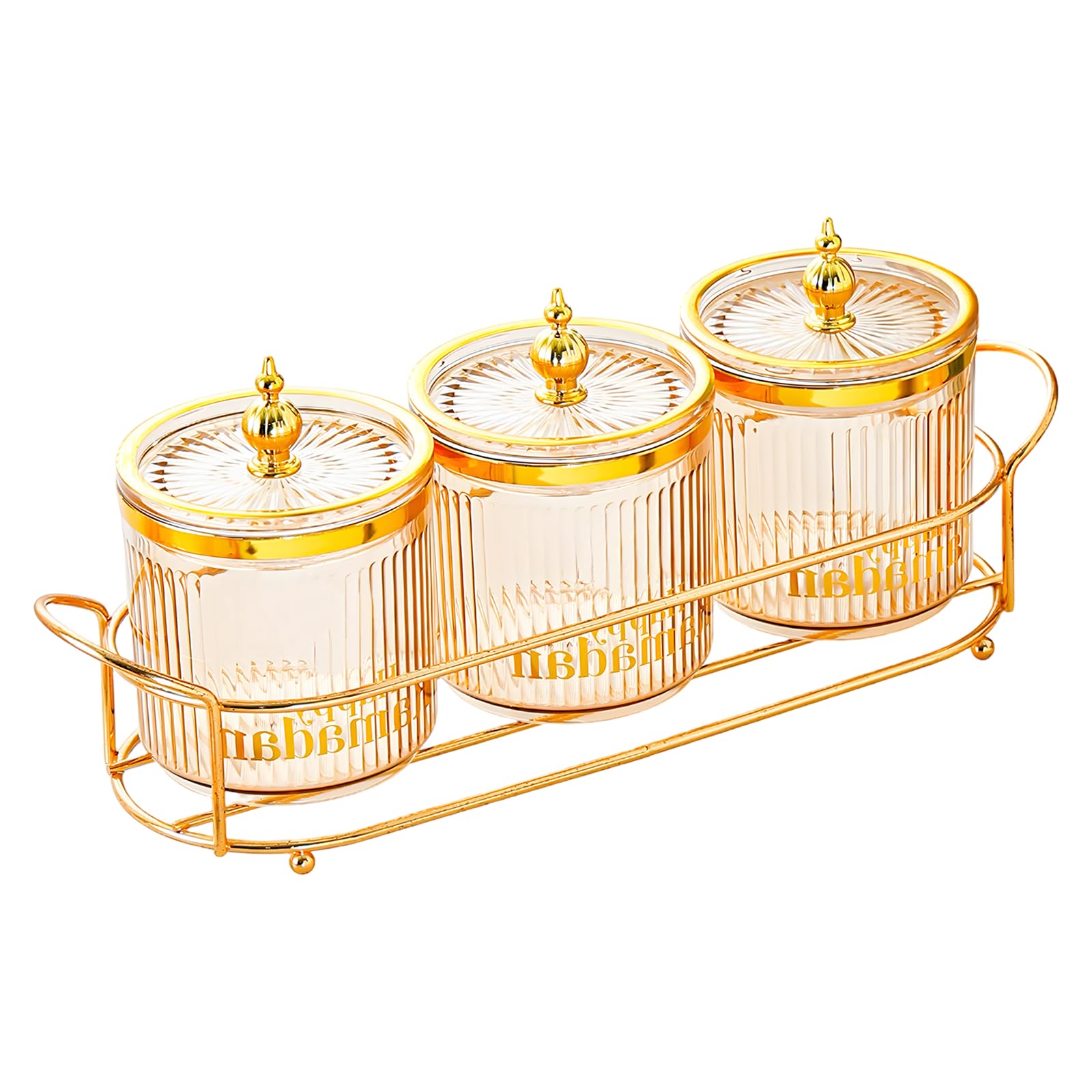 3er Set Glas Vorratsgläser Bernstein, mit goldenem Gestell, für Gewürze, Trockenfrüchte, Servier-Set, Mond- und Sternenmuster, dekorativ für Feiertage und Zuhause