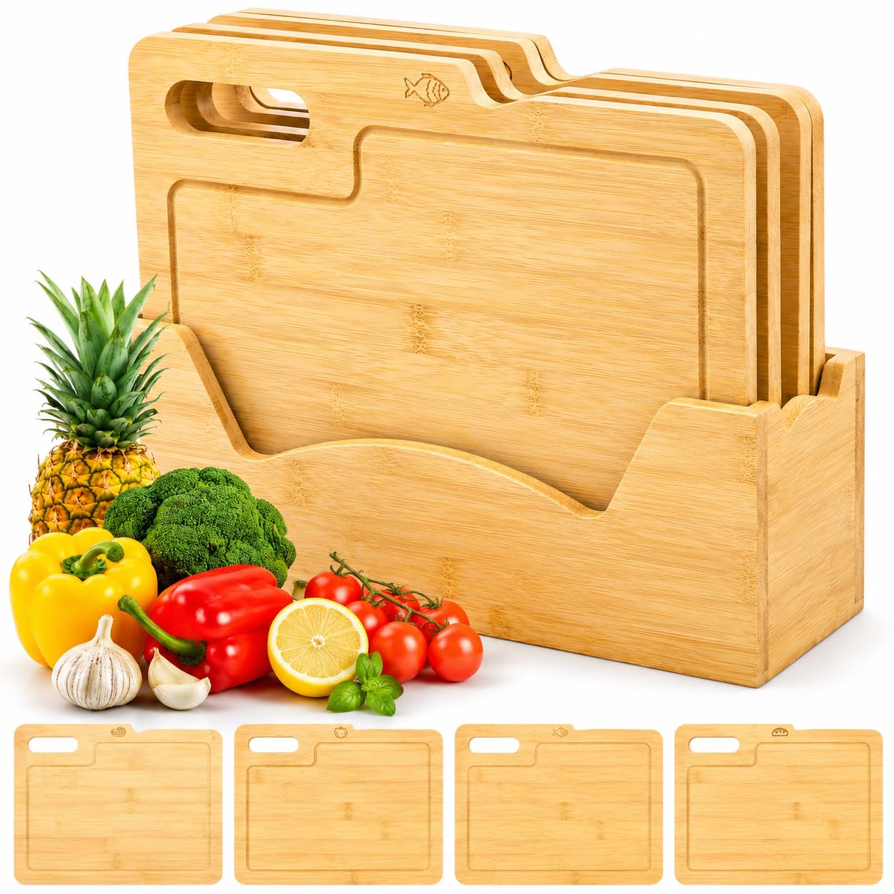 ZENFUN 12.5" L x 9.8" W Bamboo Cutting Board Set of 4, Wood Cutting Board with Holder & Food Icons, Chopping Boards Set for Meat, Fish, Bread, Vegetable, Fruit, House Warming Gift