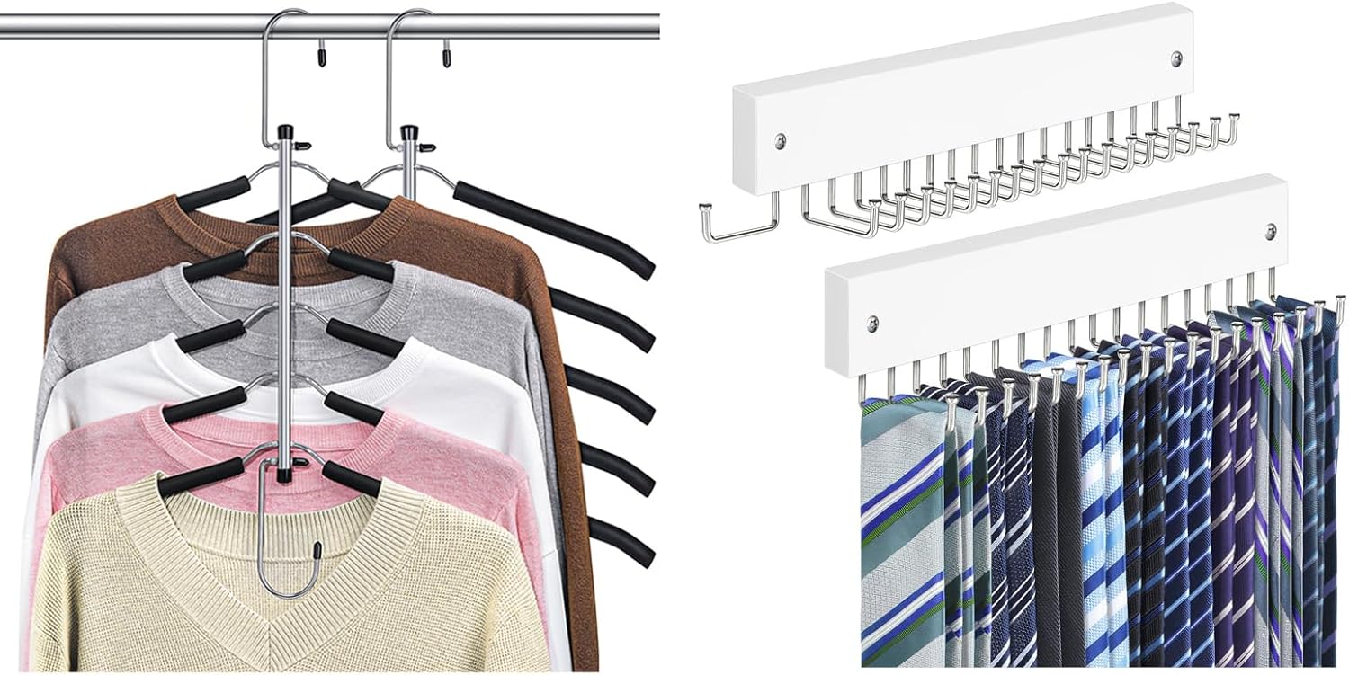 Clothes Hangers Space Saving Shirt Hangers Non Slip Shirt Organizer for Closet Black 2 Pack, Tie Rack Belt Hanger Wall Mounted 180 Degree Rotating Belt Organizer for Closet White 2 Pack