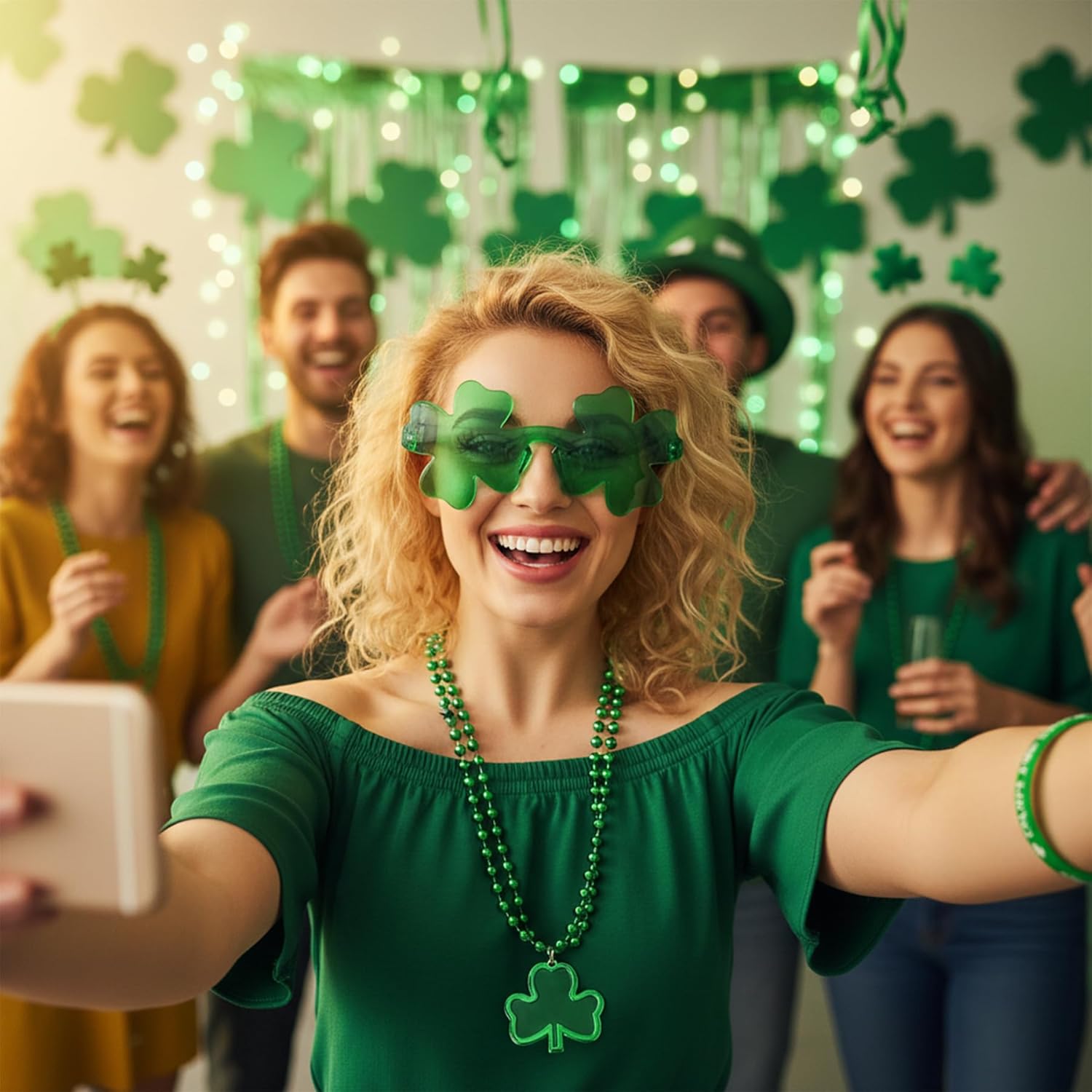 St. Patrick‘s Day Decorations Party Favors Set, 4 Shamrock Glasses & 12 Bracelets & 6 Necklaces Bulk Pack for Saint Patrick’s Day Party, Adults Kids Festival Accessories