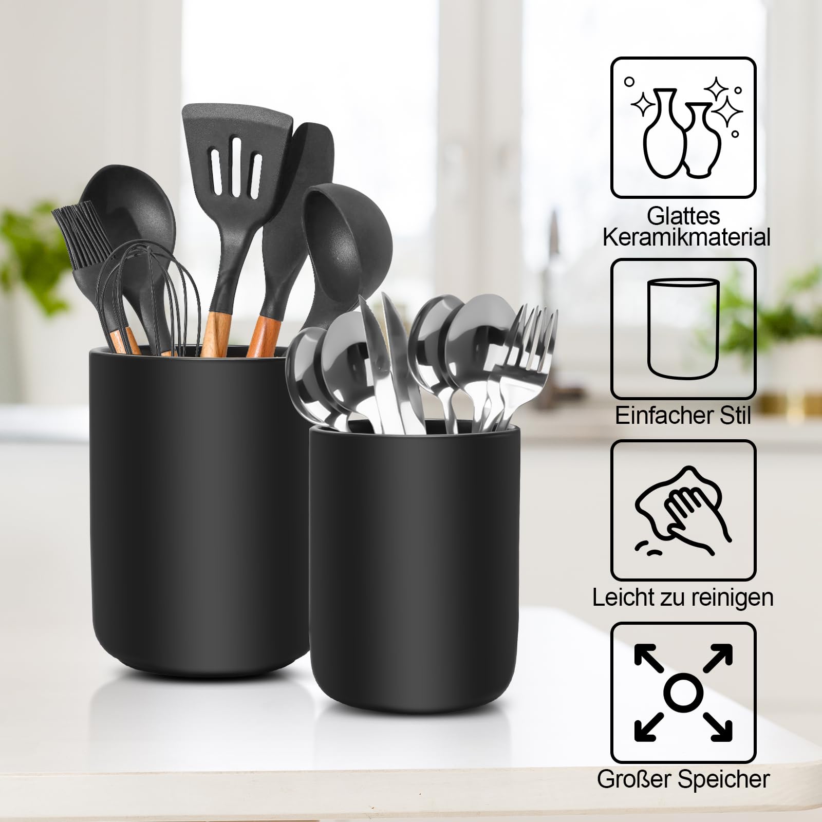 Küchenutensilienhalter, Utensilienhalter Aus Keramik für Die Küchentheke, Aufbewahrung von Küchenutensilien, 2 Stück Kochutensilien-Töpfe für Spatel, Löffel, Gabeln, Pflanzen(Schwarz)