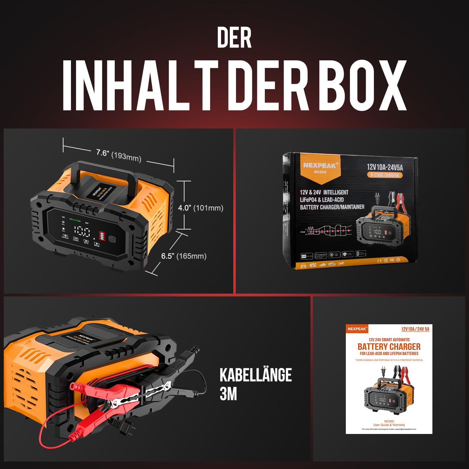 NEXPEAK NC202 10A Autobatterie Ladegerät, 12V 24V LiFePO4 Ladegerät, Batterie Ladegerät, KFZ Ladegerät, intelligenter Batterieladegerät mit Temperaturausgleich für PKW LKW Motorrad Rasenmäher