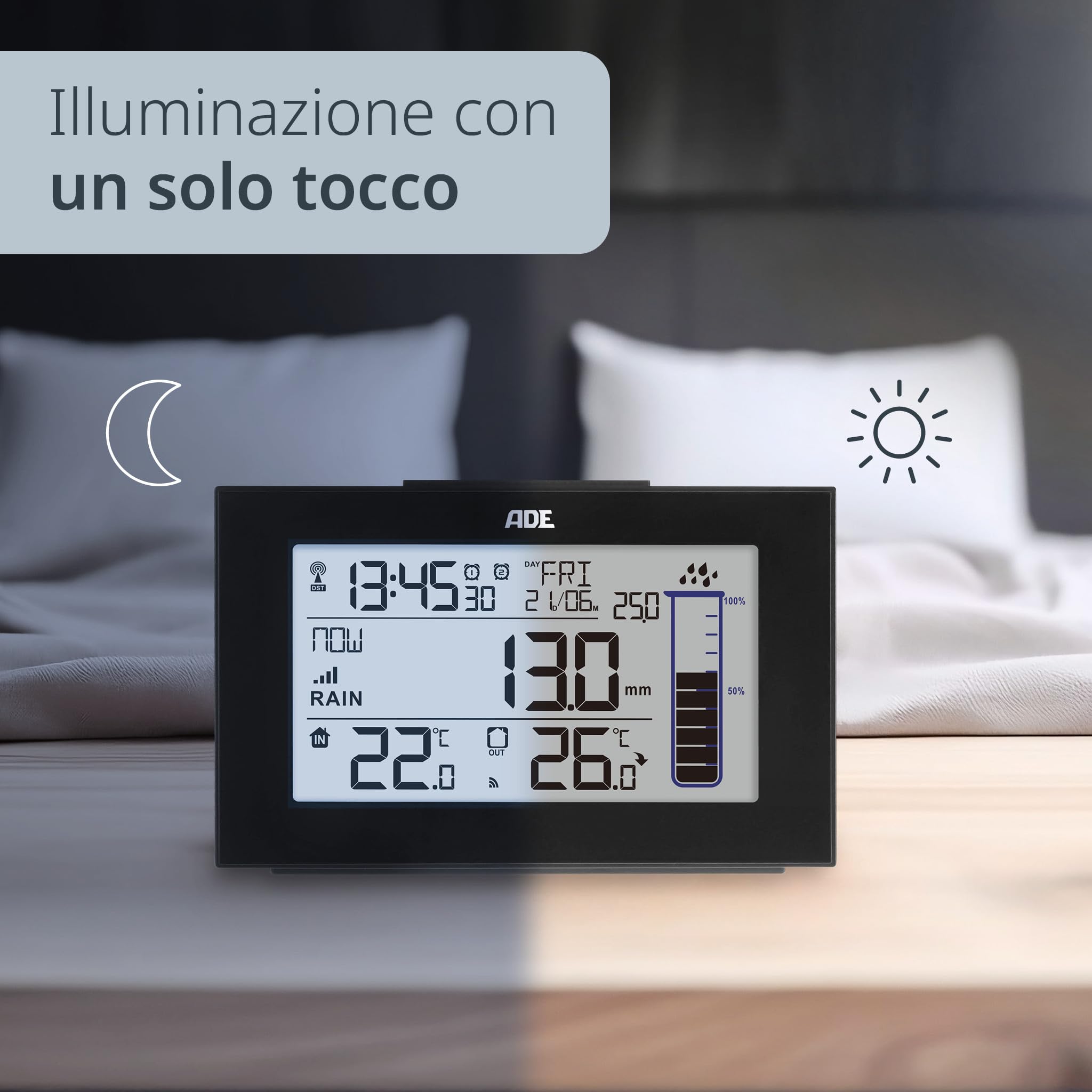 ADE Stazione Meteorologica con Pluviometro Sensore Radio Termometro Interni Esterni Nero