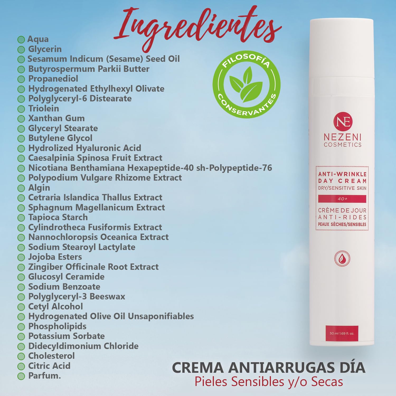 Nezeni Crema Facial Antiarrugas Mujer/Hombre 18 Principios Activos | Rellenador Arrugas Profundas | Crema Antiarrugas Día Reafirmante Para Cara, Cuello y Escote | Piel Sensible y/o Seca