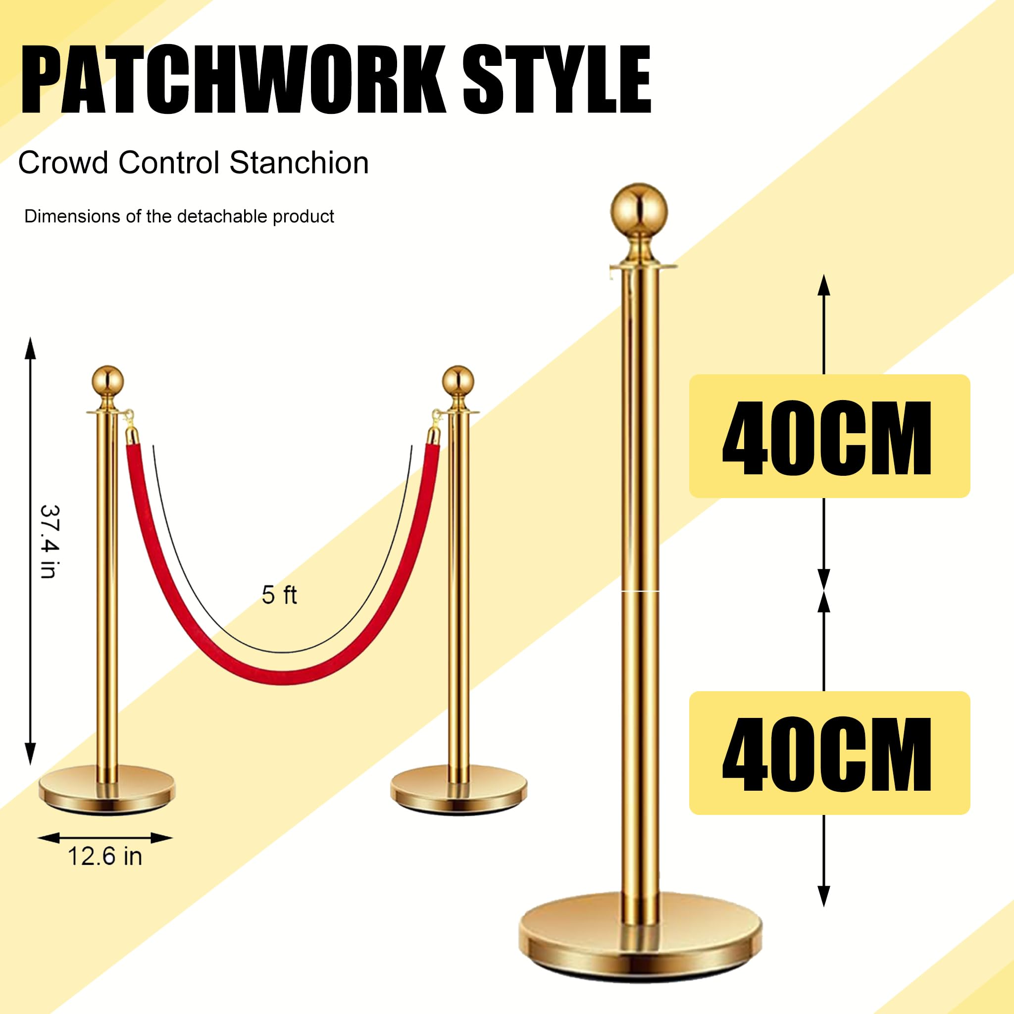 Modulare Barriere Premium Absperrstab mit Seil - Gold Robuster Crowd Control Bandstab für Warteschlangen, Events & Ladenmanagement, Set mit 5 ft/1.5 m rotem Samt Seil (6)