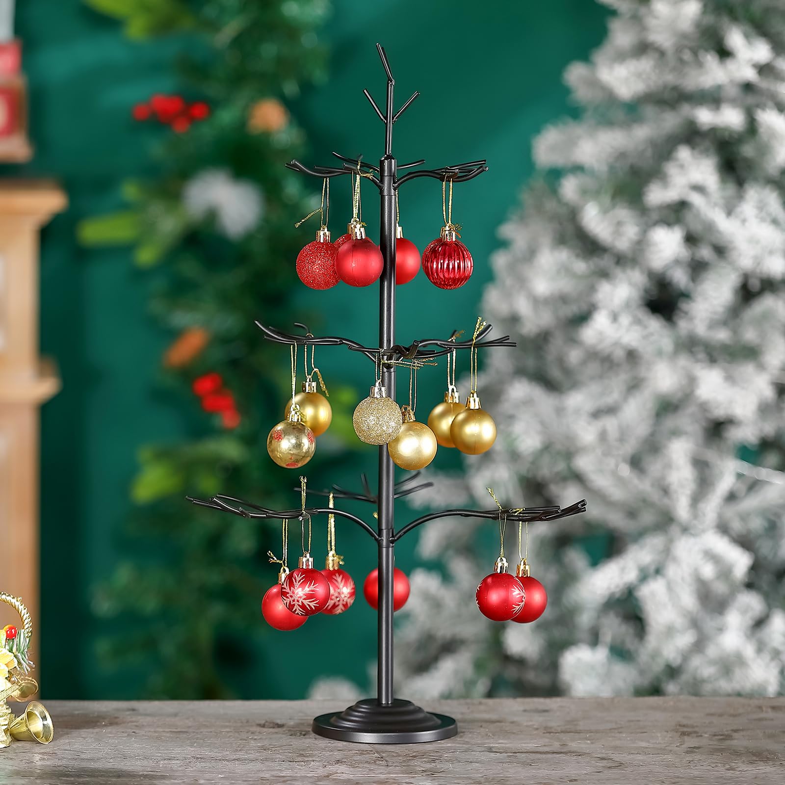 Metall-Ornament-Baum, schwarzer Weihnachtsschmuck-Ständer für Display, 55,9 cm, blanker Baum, Silhouette, Ornamente, Aufhänger, Ständer, 3-stöckige Drahtausstellungen, Bäume für