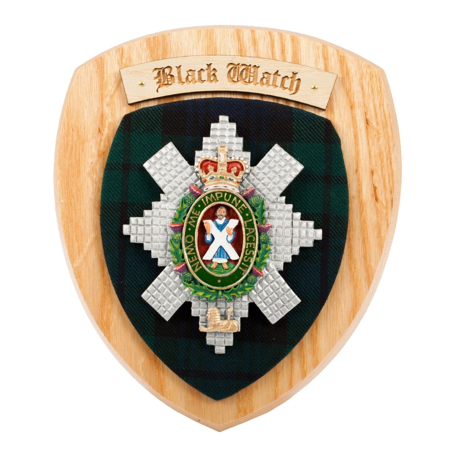 Scottish Clan Crest Wall Plaque - Chestnut Wood and Tartan Background, Crest & Motto - Home Decor Gift for Men & Women - Handmade in Scotland - Black Watch Clan — image 1
