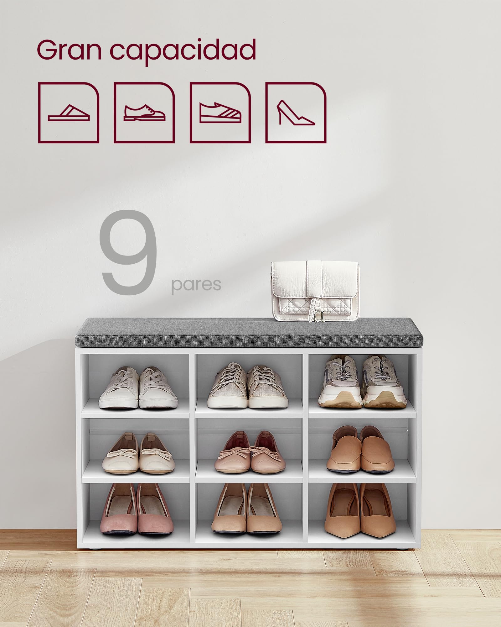 VASAGLE Custos Colección - Banco Zapatero, Zapatero con Asiento, con Cojín y 9 Compartimientos, Estantes Ajustables, para Entrada, Sala de Estar, 30,3 x 78,5 x 48 cm, Blanco Clásico LHS009W14