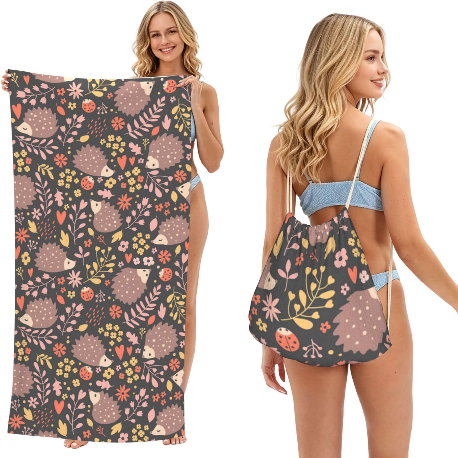 Poadnly As Picture Hedgehog And Flowers, 2 In 1 Packable Towel Bag, Beach Towels With Drawstring Backpack For Travel Holiday Camping