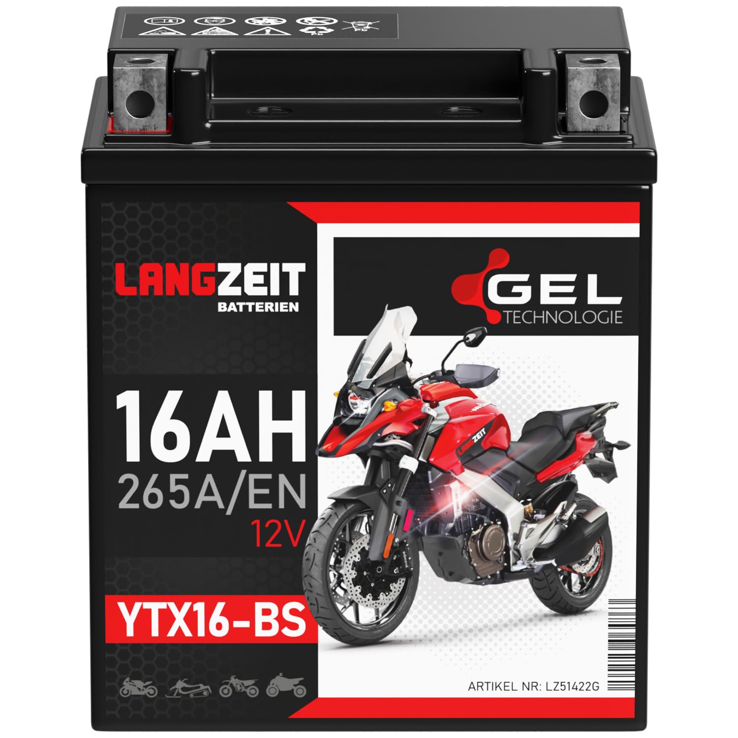 LANGZEIT YTX16-BS batteria moto 12V 16Ah GEL YTX16-4 51422 sostituito 14Ah