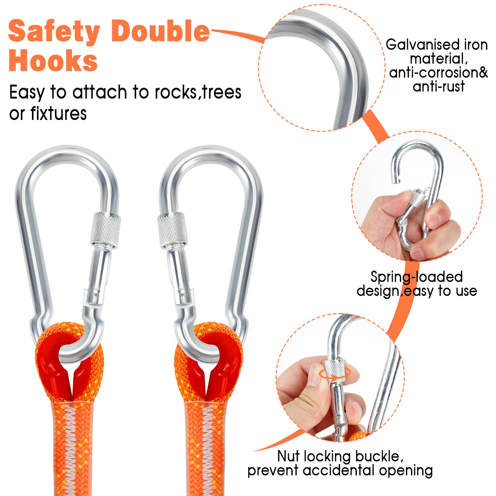 10mm*20M Kletterseil, Outdoor Sicherheitsseil, Nylon Seil Statisches Kletterseil mit 2 Karabinern Rettungsseil Feuerrettungs-Fallschirm-Seil für Arbeiten in der Höhe/Feuerleiter/Abseilen/Sport