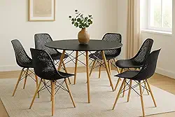 Conjunto Mesa de Jantar Eiffel 120cm com 6 Cadeiras Colméia, Mesa Preta e Cadeiras Pretas com Pés em Madeira, para Sala de Jantar, Cozinha e Café