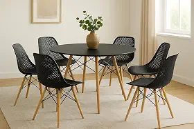 Conjunto Mesa de Jantar Eiffel 120cm com 6 Cadeiras Colméia, Mesa Preta e Cadeiras Pretas com Pés em Madeira, para Sala de Jantar, Cozinha e Café