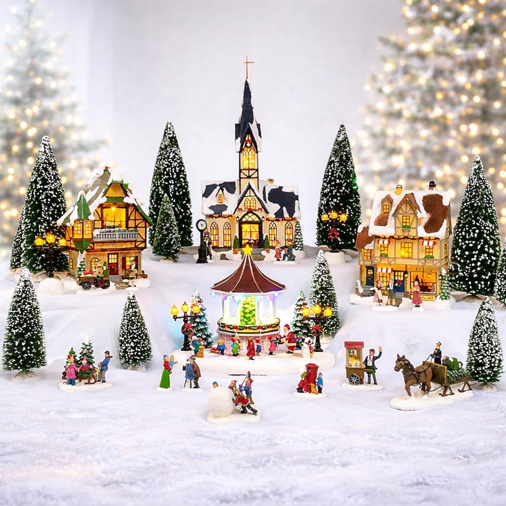 MOMENTS IN TIME Christmas Village 30 Piece Set Miniature Town with LED Lights Battery Operated Holiday Décor Handcrafted Mini Houses, Church & Figurines for Christmas Display