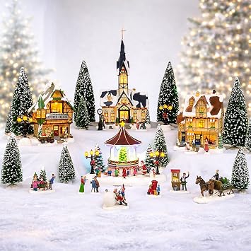 MOMENTS IN TIME Christmas Village 30 Piece Set Miniature Town with LED Lights Battery Operated Holiday Decor Handcrafted Mini Houses, Church & Figurines for Christmas Display