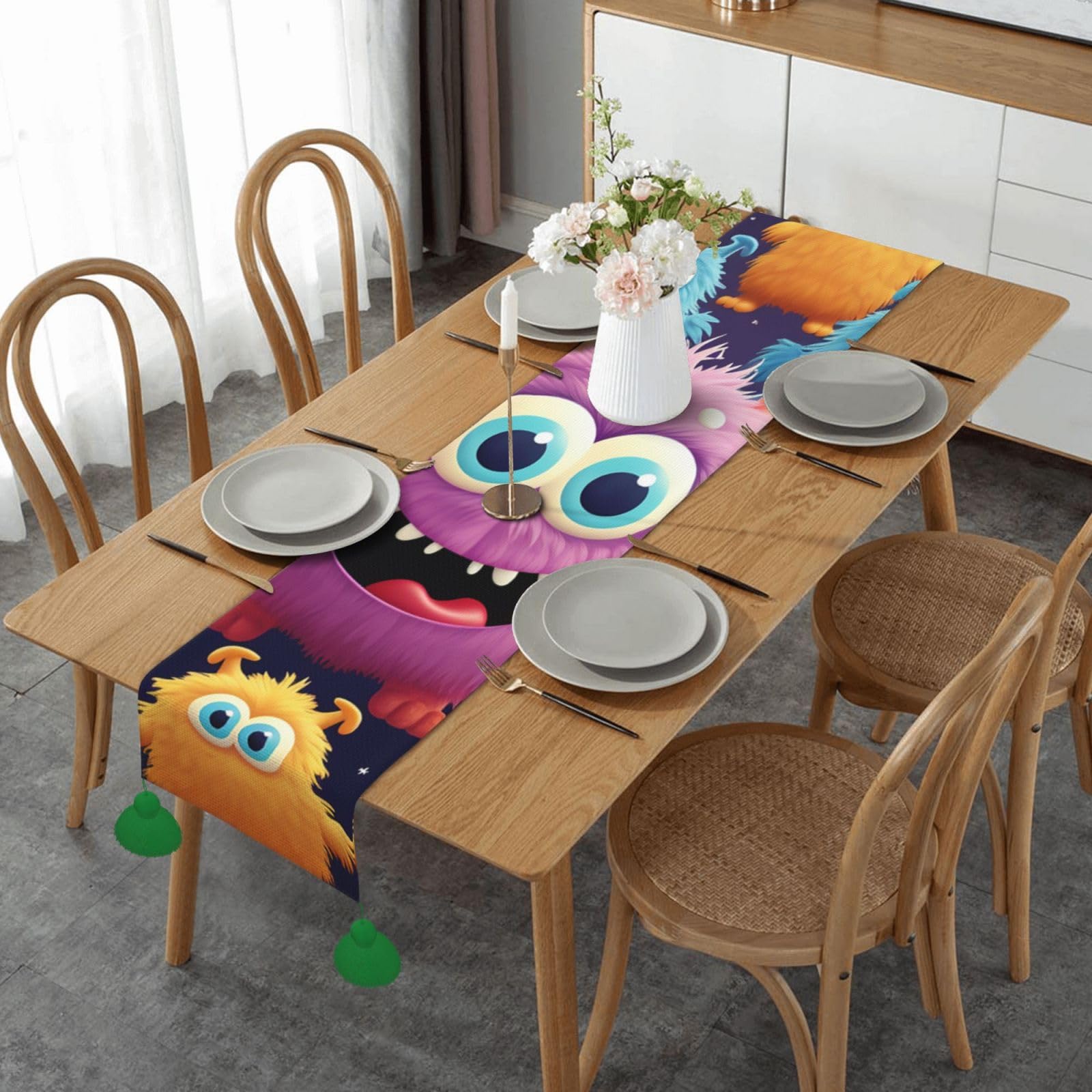 Chemin de table en lin coloré déco table cuisine motif monstre