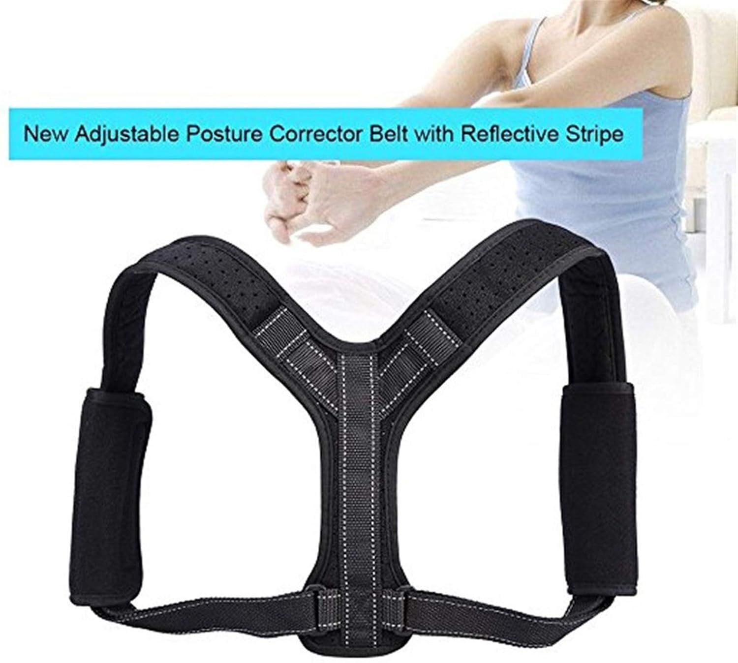 Adjustable Corrector Reflective Stripe Back Correct Shoulder Support Strap Shaper with Two Cushion (X)