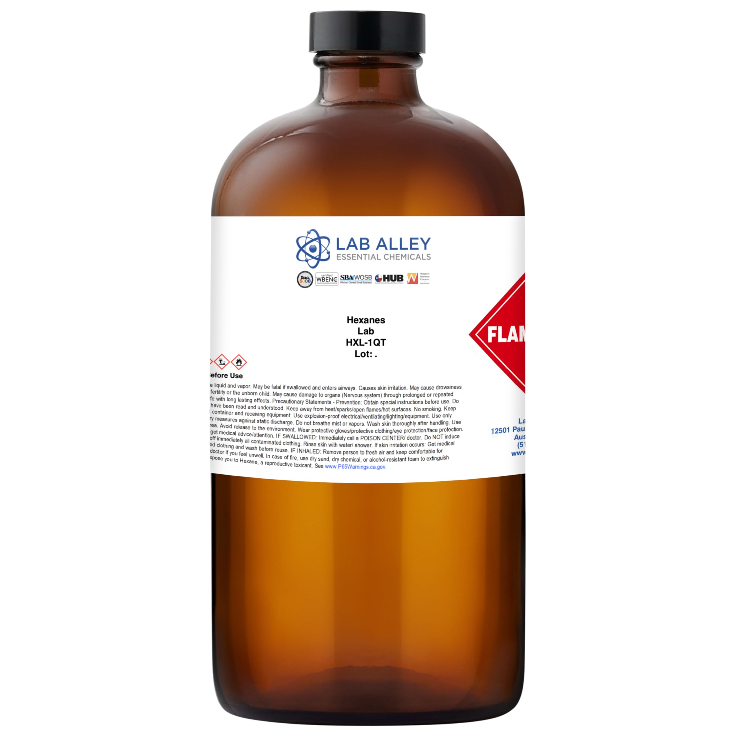 Lab Alley Hexanes Lab Grade Solvent, Non-Polar Chemical for Extractions, Sample Prep & General Laboratory Applications, 1 Gallon (Pack of 4 x 1 Quart Bottles) 3.79 Liters (Pack of 4 x 0.95 Liter Bottles)