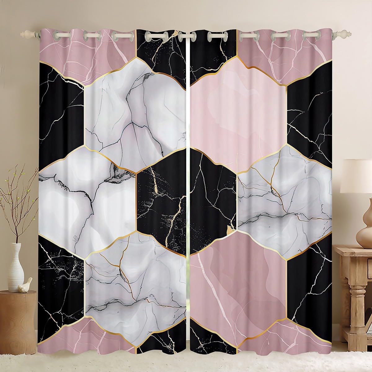 Erosebridal Honeycomb Window Curtains Hexagon Geometry Window Treatment for Kids Boys Teens, Monochrome Black and White Curtains Ink Dye Beehive Bedroom Decor 104