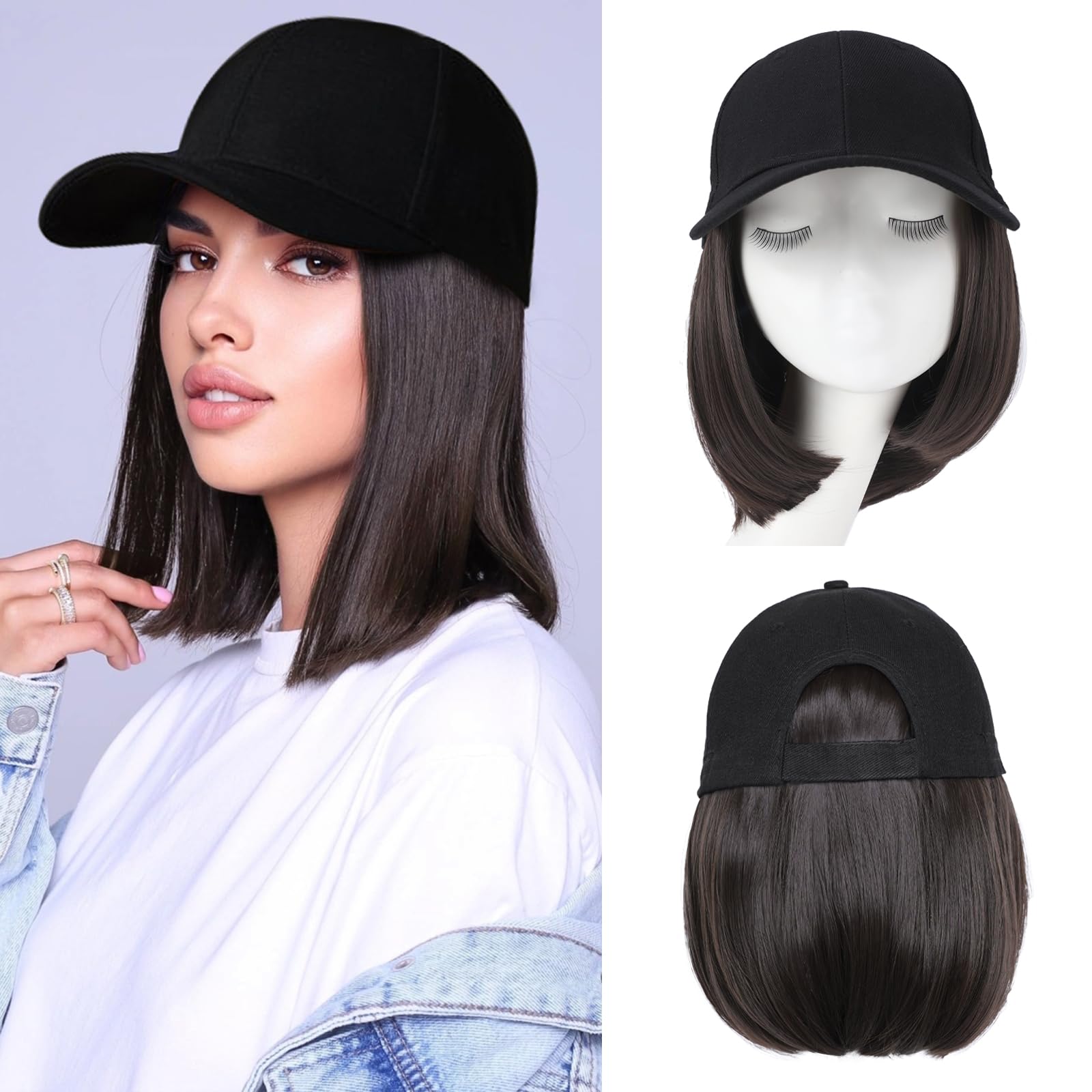 FORCUTEUHat Wigs for Women Baseball Cap with Hair Extensions Short Straight Bob Hairstyle Caps with Hair Attached Adjustable Baseball Cap Wig for Daily Party(12inch)