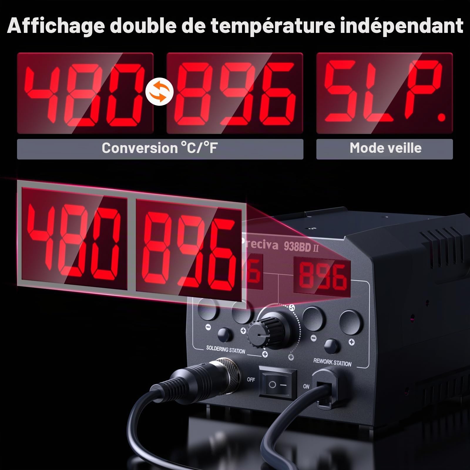 Preciva Station de Soudage à Air Chaud, Double Affichage Station de Soudage, Mode Veille Automatique et Étalonnage de La Température Fer a Souder, pour La Réparation de Circuits Imprimés