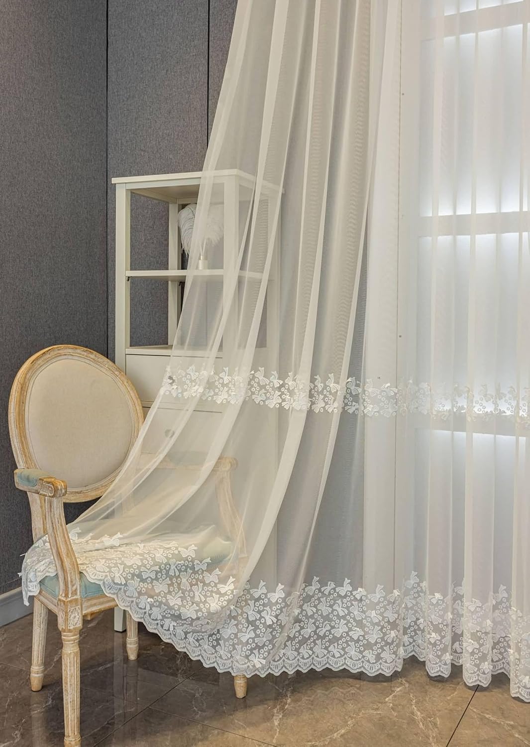 Daesar Bedroom Curtains 2 Panel Sets 84 Inch Length, Eyelet Tulle Curtains Embroidered Bowknot Pattern Window Voile Panels/Drapes/Treatment for Living Room, 38x84 Inch White