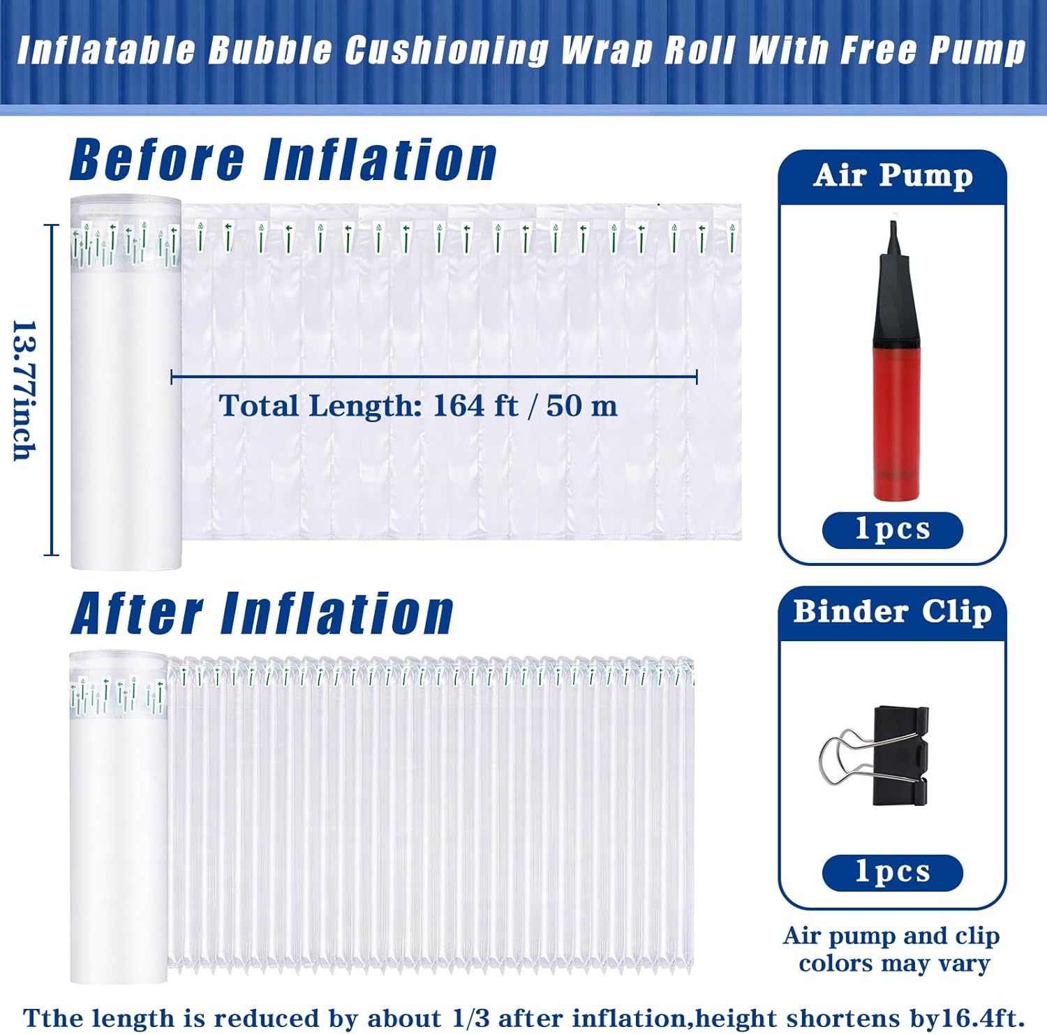 Inflatable Bubble Wrap, Air Pillows For Shipping Air Bubble Wrap Bubble Cushioning Wrap for Packaging Moving (13.77inch x 164ft)