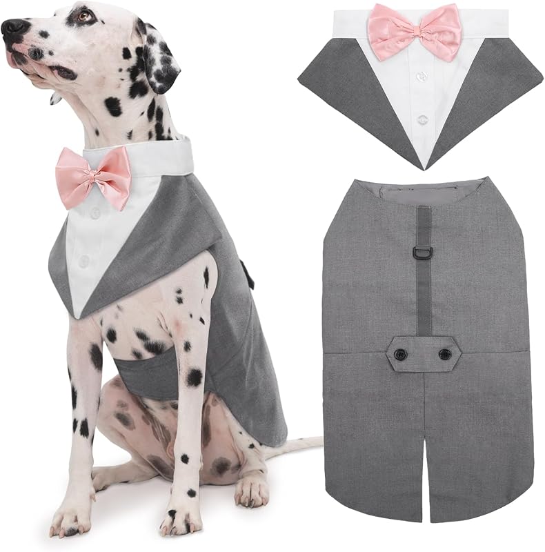 Fantasia para Cães Kuoser com Smoking e Bandana para Festas e Casamentos, Cinza, Tamanho XL