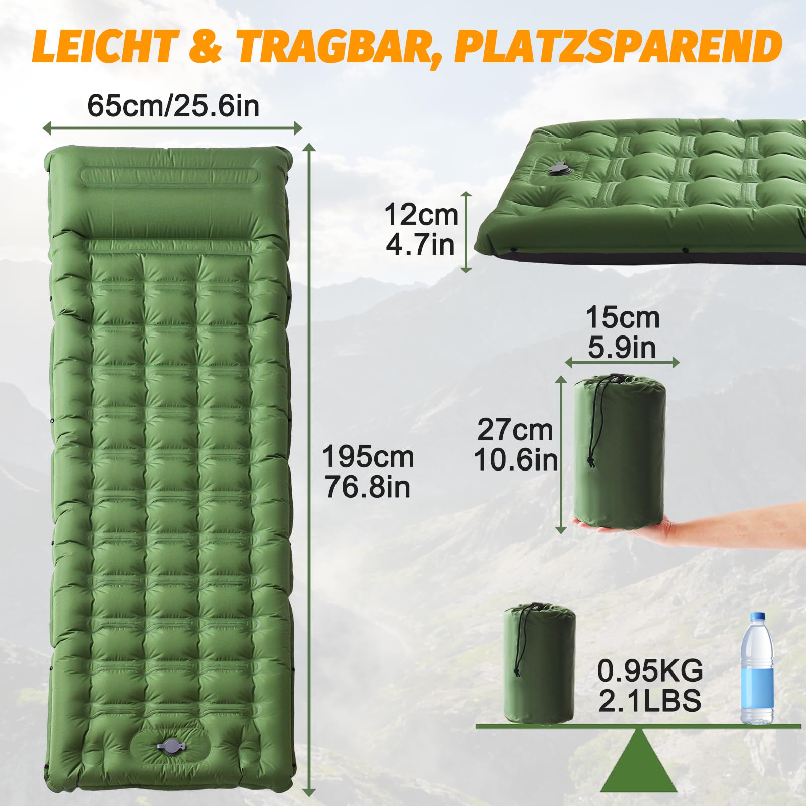 SWTMERRY Hochwertige Aufblasbare Isomatte – 12 cm verdickte Schlafmatte mit Fußpumpe & Kissen, wasserdicht leicht platzsparend Luftmatratze für Outdoor Camping, Wandern, Strand, Reise, Zelt