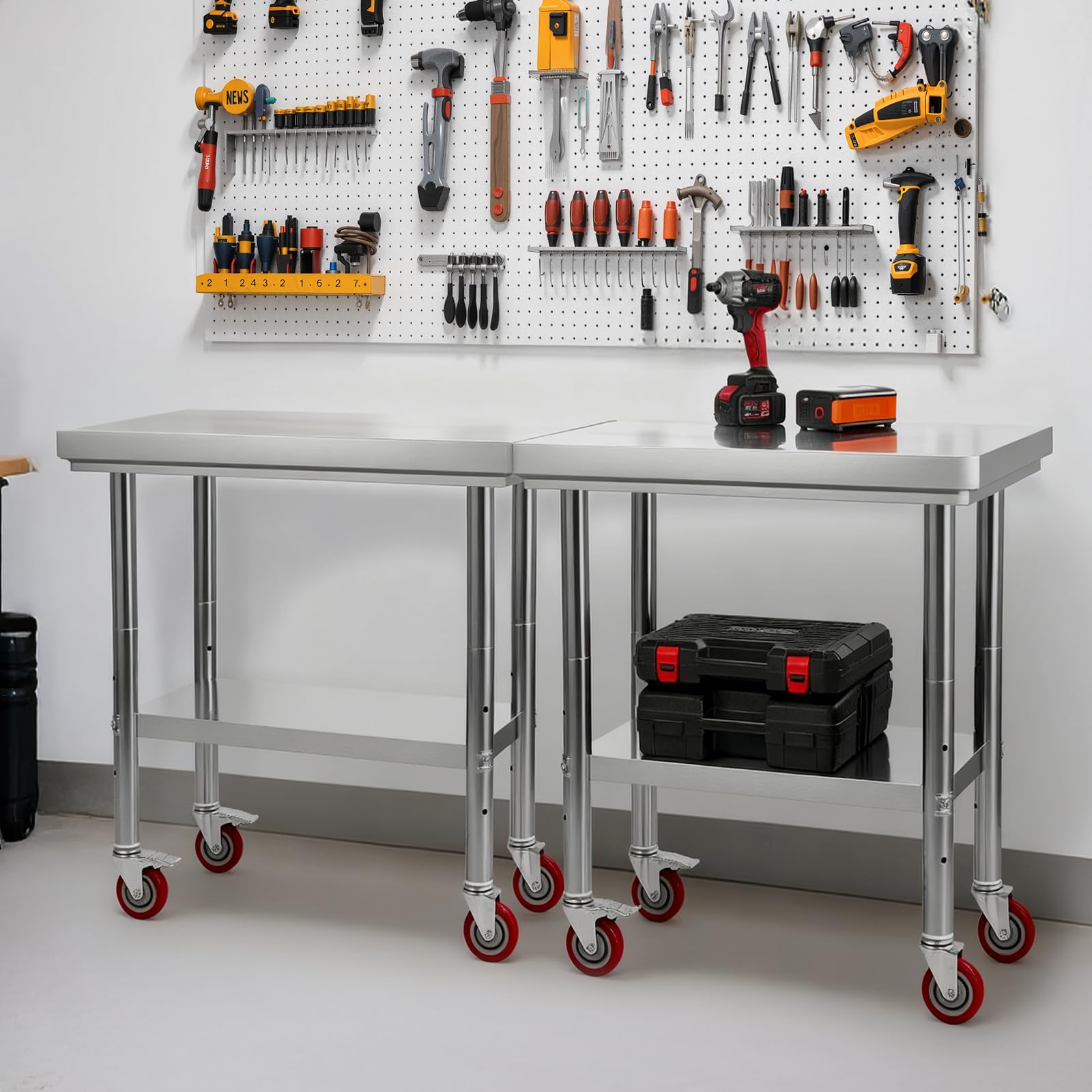 VEVOR Mesa de Trabajo de Acero Inoxidable, Mesa de Preparación con 4 Ruedas, Estantería de Trabajo de Preparación de Alimentos con Estantes Ajustables para Cocina, Garaje, Taller, 76 x 60 x 85 cm