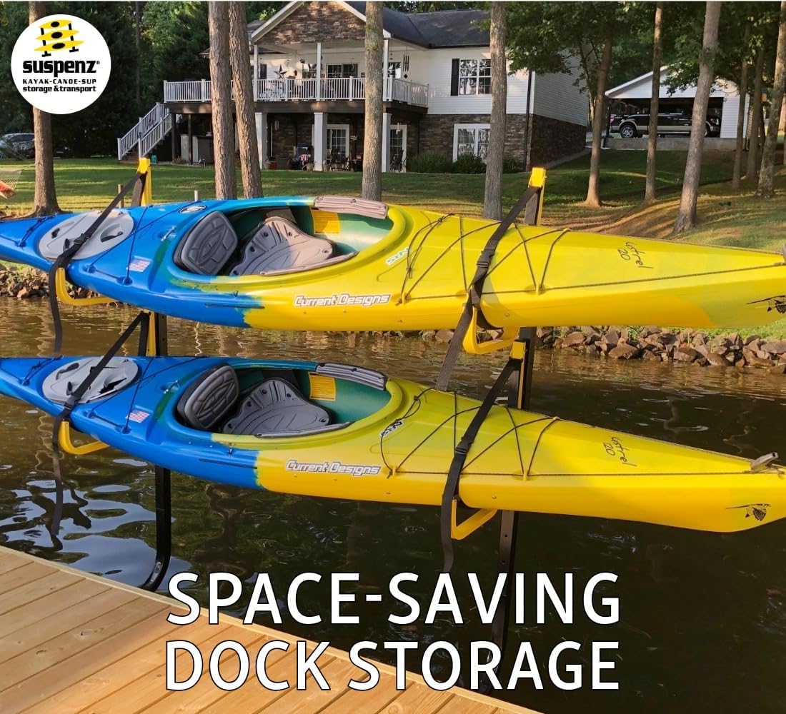Suspenz Kayak Storage Rack, Over Water Dock Frame for 2 Kayaks, Stand Up Paddle Boards (SUP), and Canoes, Free-Standing Storage System, Marine Grade Black (32-0634)