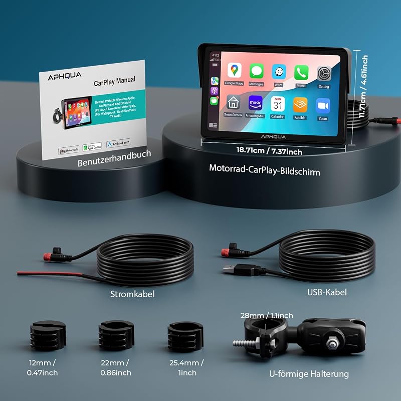 APHQUA Vezeték Nélküli CarPlay Kijelző Motorkerékpárhoz 7 Hüvelykes Vízálló Érintőképernyő Android Auto GPS Navigáció Bluetooth