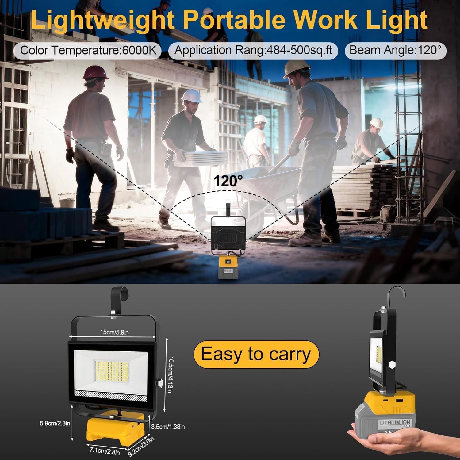 LED Work Lights Compatible with Dewalt 20V Battery, 60W Flood Battery Light with USB & Type-C Charging Port, Outdoor Flashlights with Low Voltage Protection for Emergency, Capming (2 Pack)