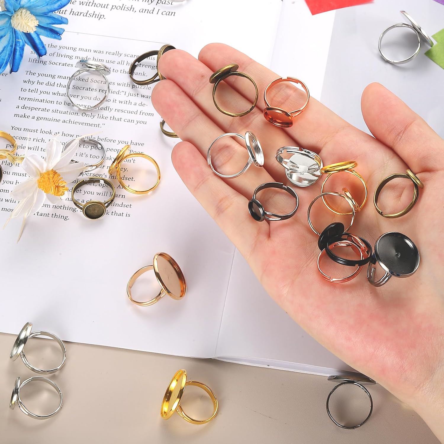 MECCANIXITY 40Pcs Metal Ring Base Blank, 10mm Adjustable Pad Cabochon Ring Blank Base Flat Bezel Tray for Jewelry Making Finding DIY Carvings (Bronze/Grey/Silver/Gold)