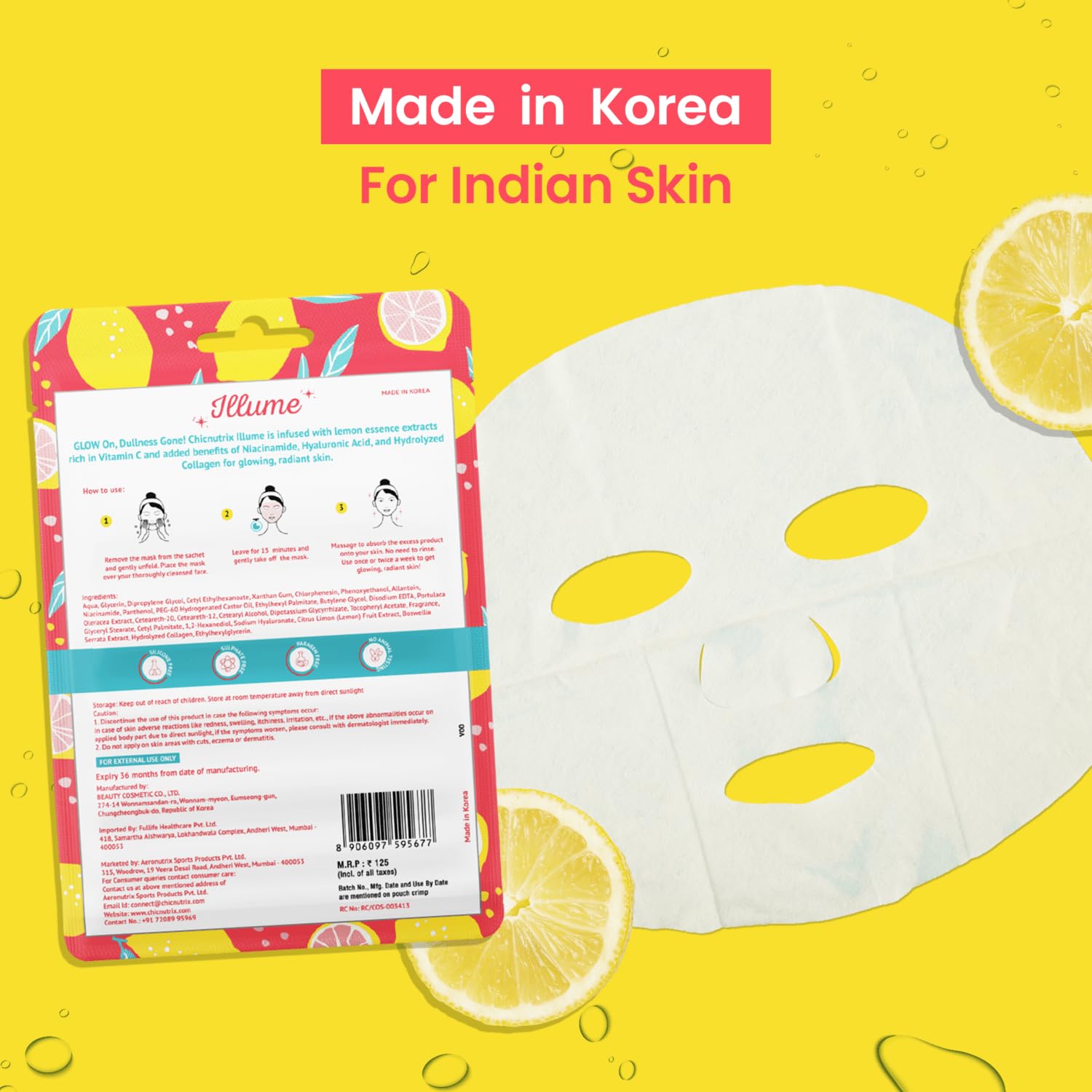 Chicnutrix – Collagen & Vitamin C Korean Sheet Mask | Instant Brightening & Glow | With Niacinamide & Hyaluronic Acid | All Skin Types | 25g - Image 2 thumbnail