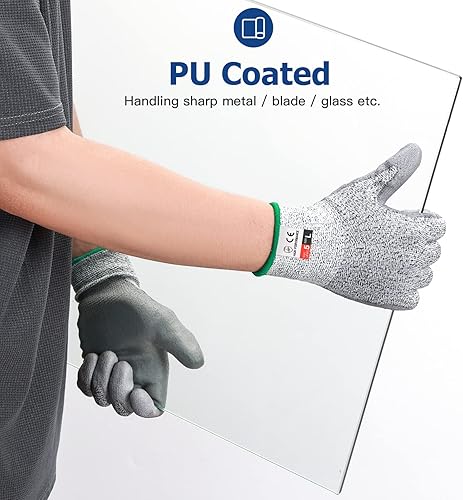 Miniatura 5 de Guantes de trabajo resistentes a cortes de ZWZX, nivel de corte A5, guantes recubiertos de poliuretano, manos antideslizantes, 2 pares