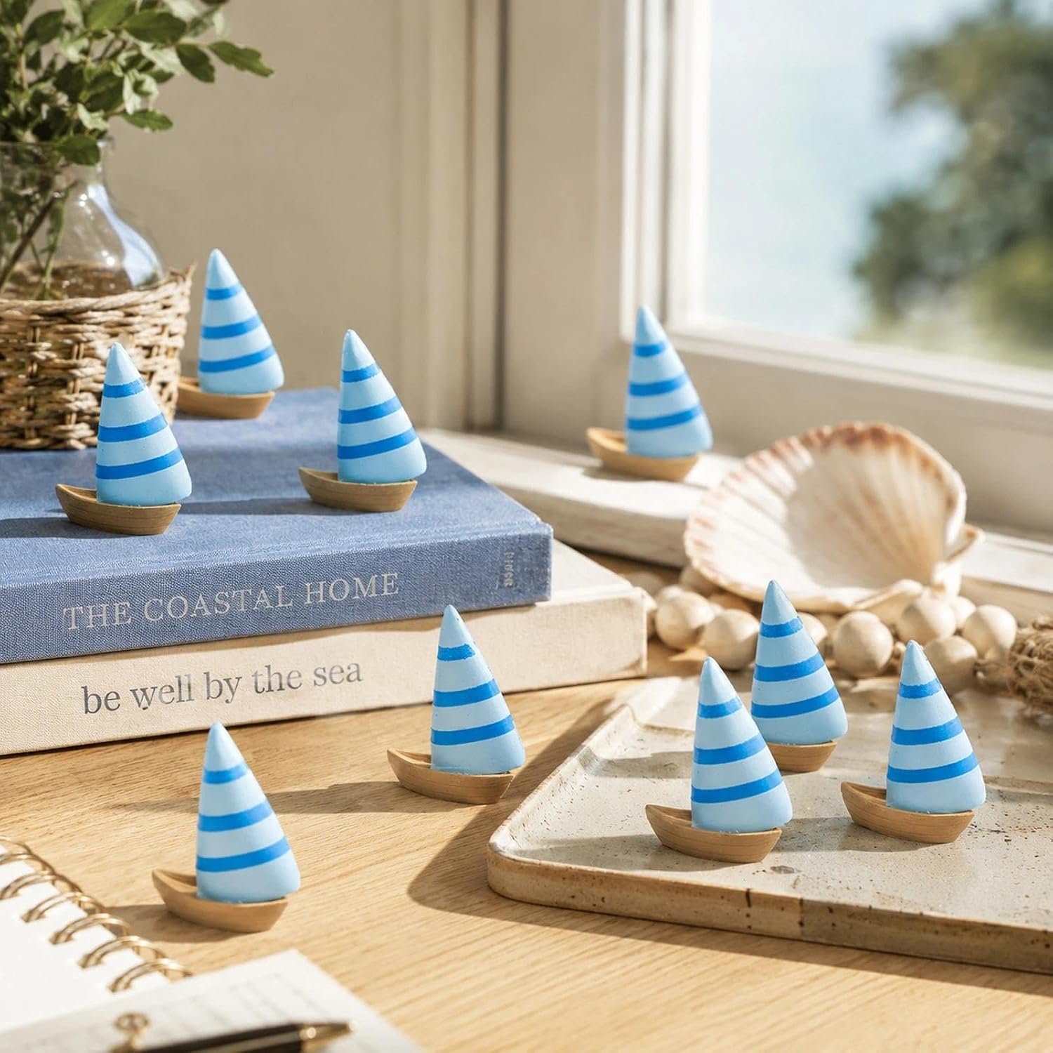 LOGOFUN 40pcs Miniature Sailboat Ornament Blue | Resin Material; Mini Boat for Mini Book Shelf, Micro Landscape, Nautical-themed Party Decoration; 1.14X0.90X0.51in