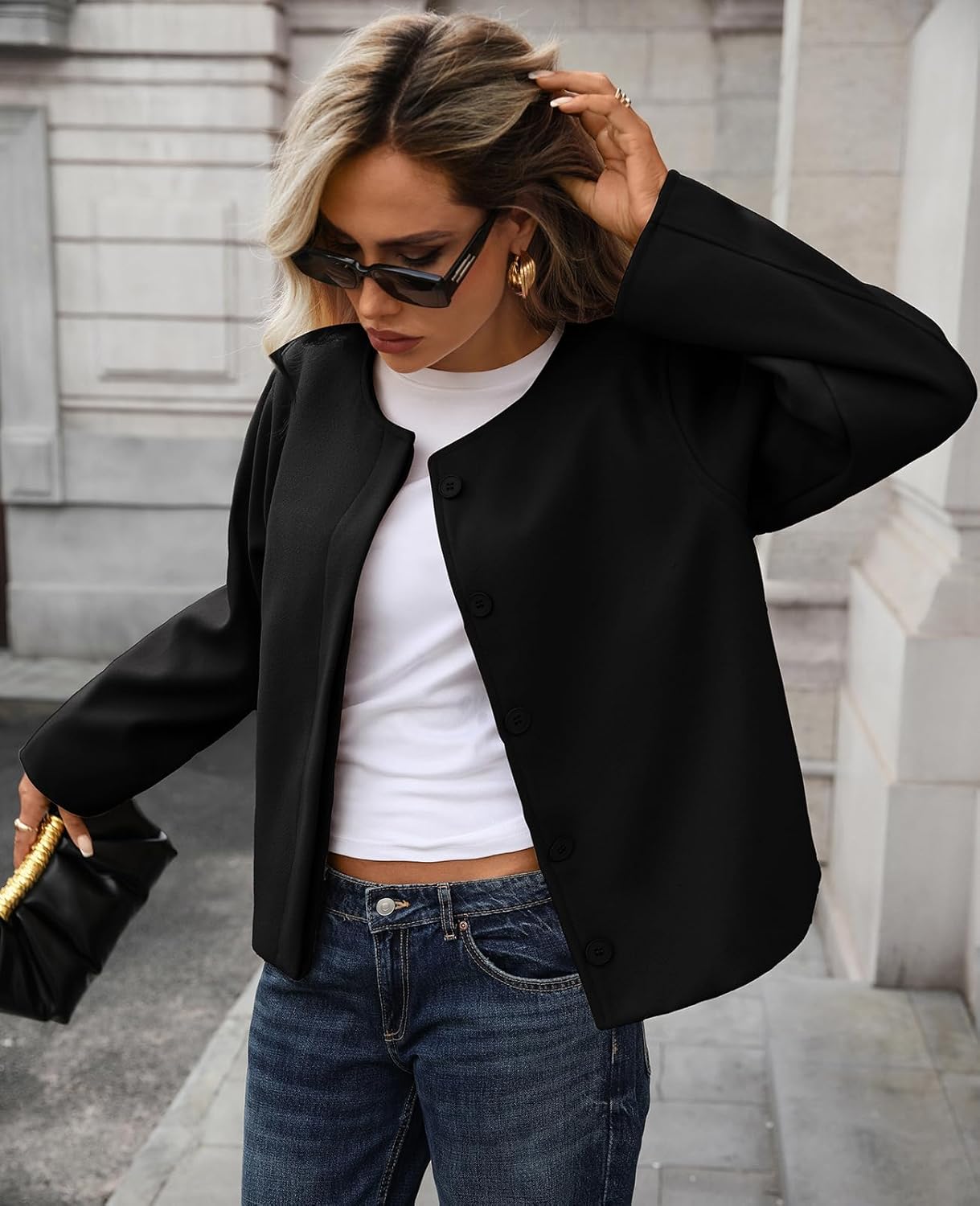 Womens cropped pea coat Long Sleeve Button Down wool coats short jackets Outerwear - Image 2