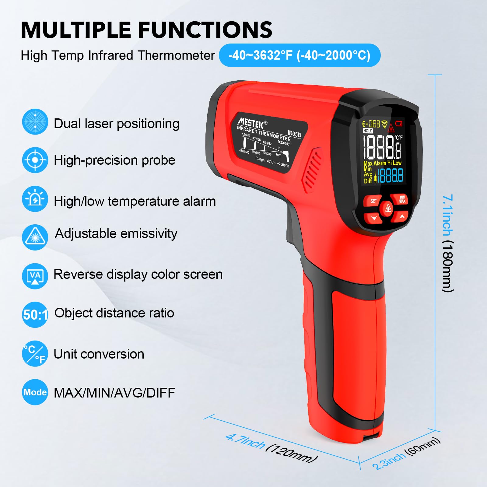 MESTEK Termometro a Infrarossi Digitale Laser -40°C~2000°C con K-Probe Senza Contatto LCD Emissività Regolabile Allarme