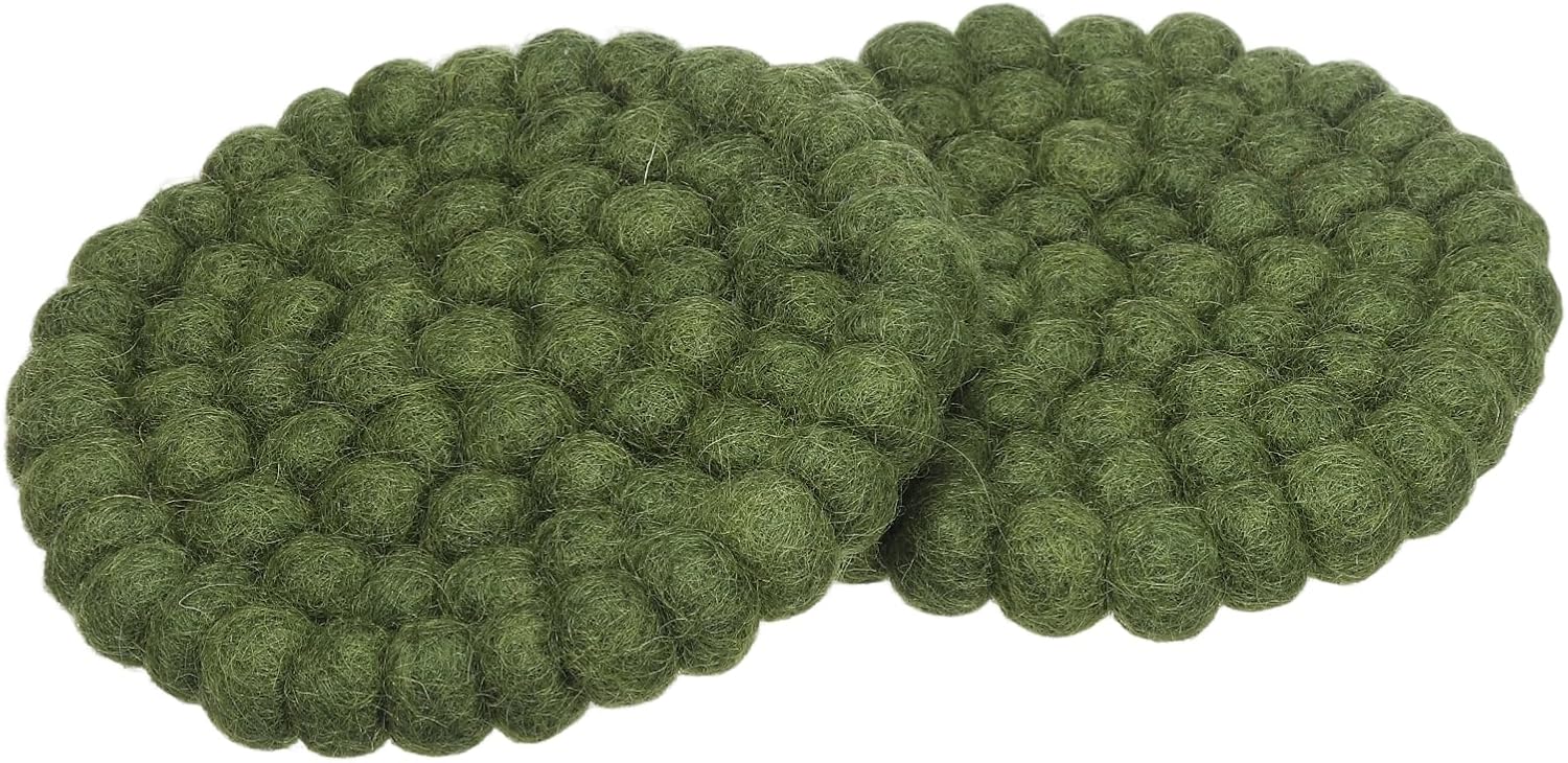 PATIKIL Set of 2 Round Wool Felt Coasters, Absorbent Cute Desk Coaster for Drinks Handmade Felt Table Decor Fun Merino Wool Pads for Bar Home Office Restaurants, Green