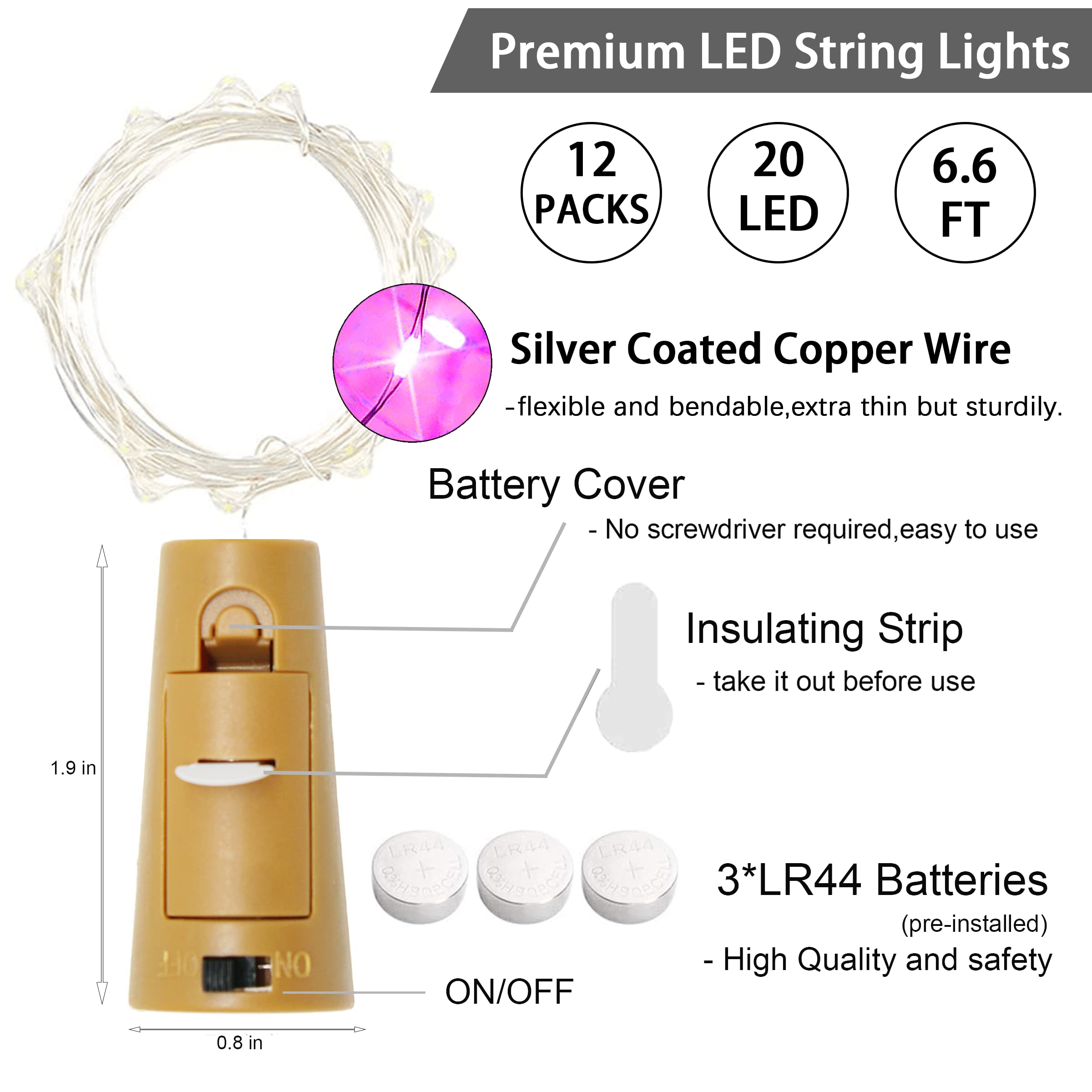 12 Packungen mit 20 LED-Weinflaschen-Lichtern mit Korken – rote Lichterkette, batteriebetriebene Korklichter für Weinflaschen, Glas, Vase, Weihnachten, Geburtstag, Hochzeit, Halloween, Party,