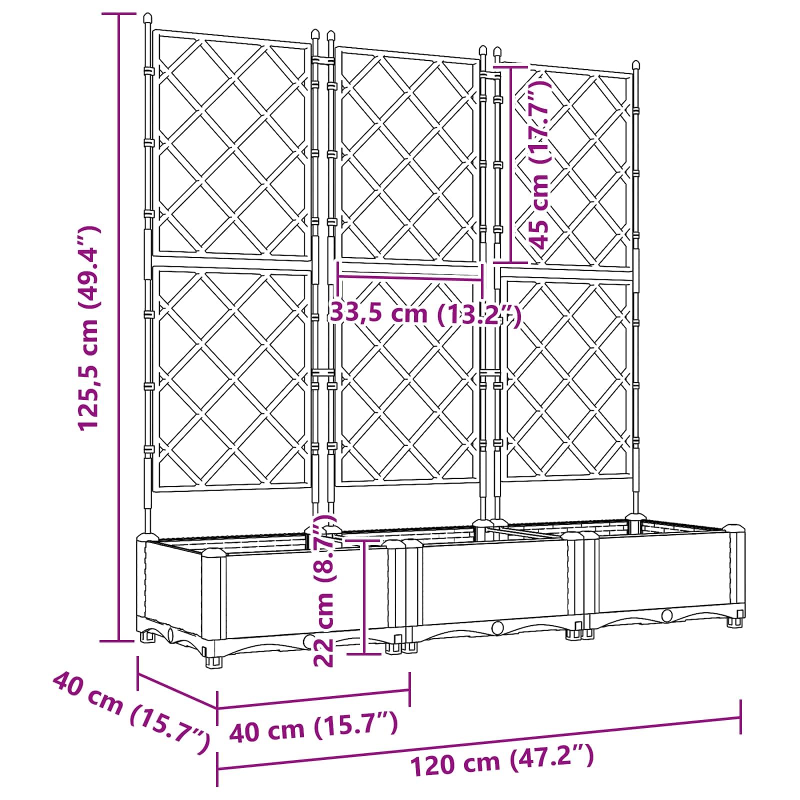 Nowoczesna szara skrzynka na kwiaty 3 sztuki z tworzywa sztucznego, 120 x 40 x 125,5 cm, elegancki i minimalistyczny design na zewnątrz, łatwy montaż za pomocą śrubokręta, idealny