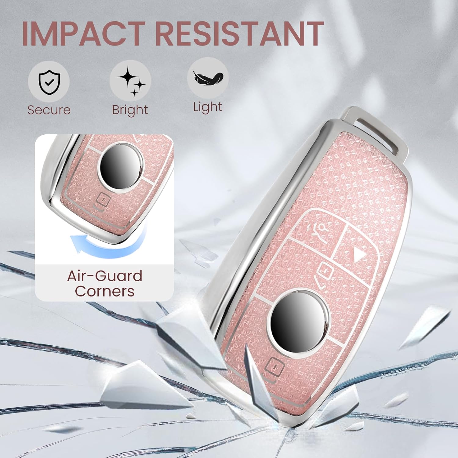 for Mercedes Key Fob Cover with Fashionable Zirconia Wristlet KeyChain, Enchanting Diamond Patterns Soft Case for A C E G S Class CLA/K/S E43 GLA/B/C/E/K/S GT SLC/K/S (Pink, B) - Image 4