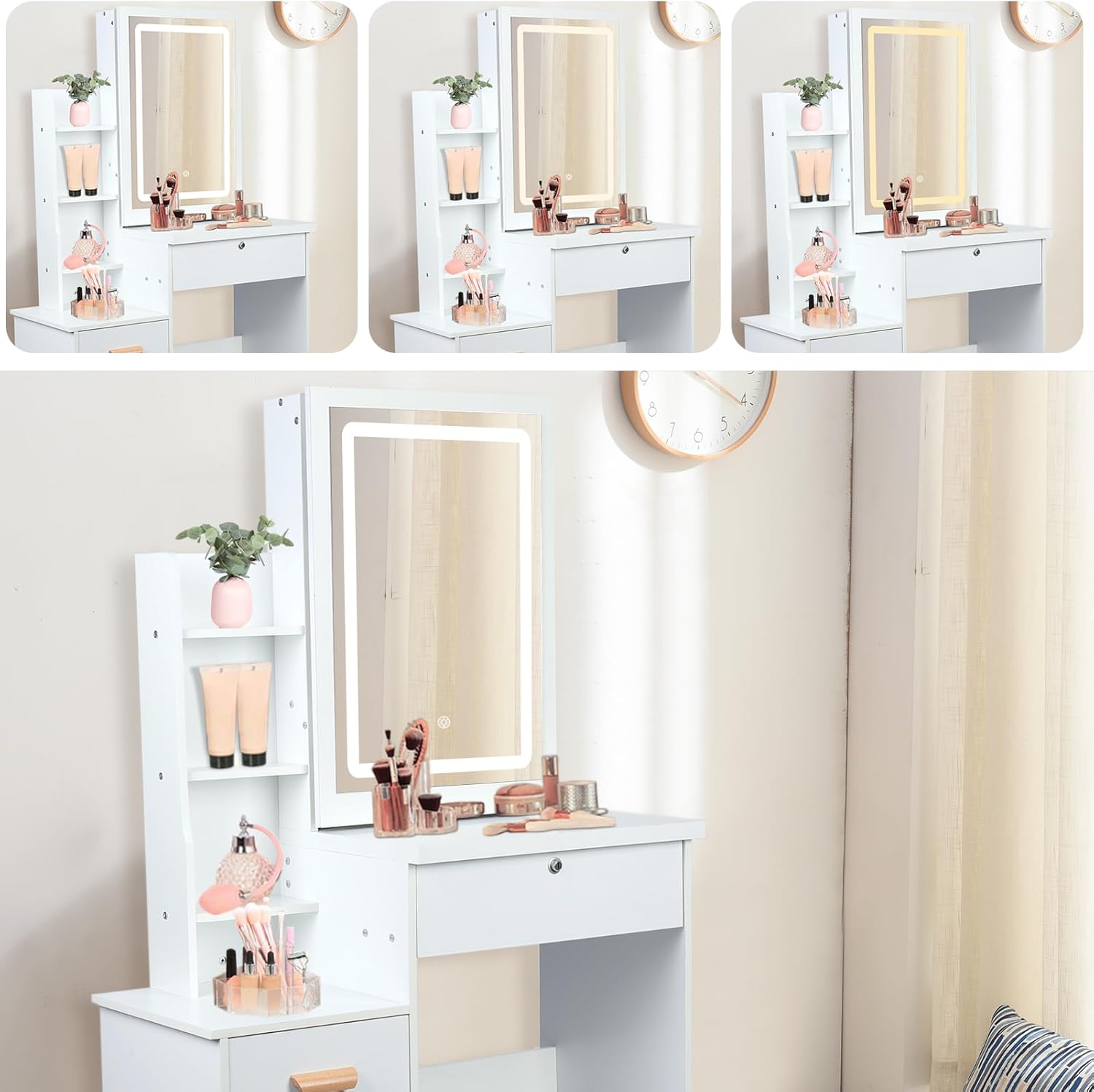 Three images showing the vanity mirror with different LED light colors: warm, natural, and cold