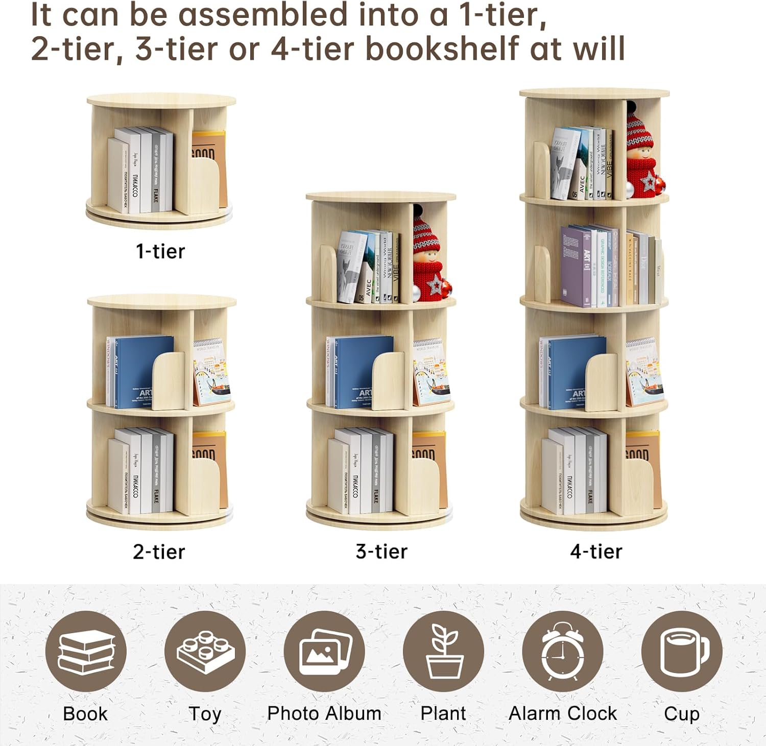 回転式本棚 - 無垢材の回転本棚タワー 引き出し4個付き 360個のディスプレイ回転本棚 4段回転本棚 小さなスペース、ベッドルーム