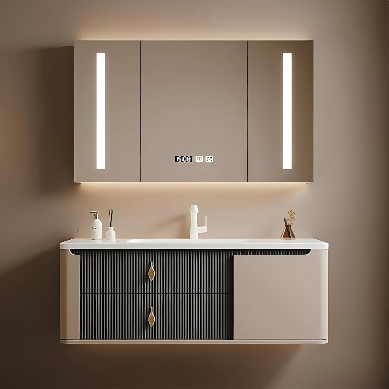 Wall-Mount Bathroom Vanity, 40" Bathroom Vanity with Single Sink, Elegant Bathroom Vanity Set Includes Anti-Fog Mirror Cabinet and Undersink Cabinet, Solid Wood Floating Vanities for Bathroom Home